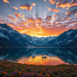 A serene alpine landscape at sunset, featuring a reflective lake with crystal clear water