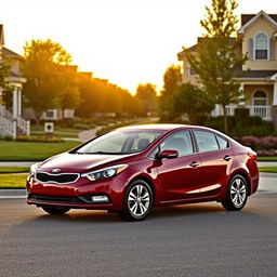 A 2012 Kia Cerato in a striking burgundy color parked in a serene, suburban neighborhood during golden hour