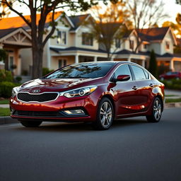 A 2012 Kia Cerato in a striking burgundy color parked in a serene, suburban neighborhood during golden hour