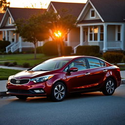 A 2012 Kia Cerato in a striking burgundy color parked in a serene, suburban neighborhood during golden hour