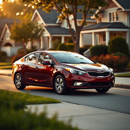 A 2012 Kia Cerato in a striking burgundy color parked in a serene, suburban neighborhood during golden hour