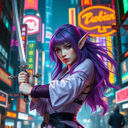 A violet-haired elven duelist in a striking cyberpunk setting, poised with elegance and readiness