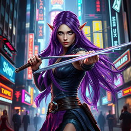 A violet-haired elven duelist in a striking cyberpunk setting, poised with elegance and readiness