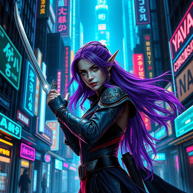 A violet-haired elven duelist in a striking cyberpunk setting, poised with elegance and readiness