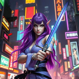 A violet-haired elven duelist in a striking cyberpunk setting, poised with elegance and readiness