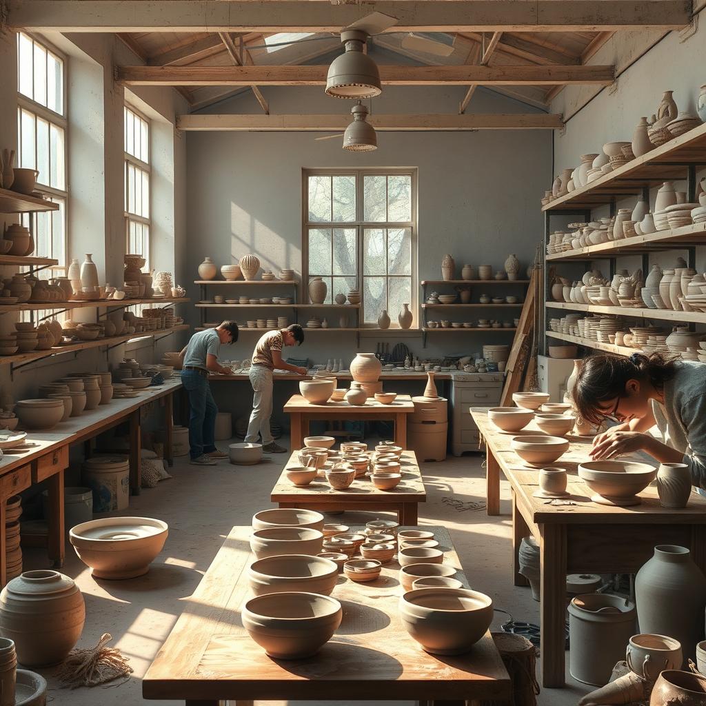 A cozy and serene ceramic workshop filled with pottery wheels, clay sculptures, and artisans at work