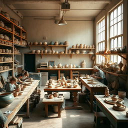 A cozy and serene ceramic workshop filled with pottery wheels, clay sculptures, and artisans at work