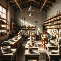 A cozy and serene ceramic workshop filled with pottery wheels, clay sculptures, and artisans at work