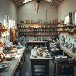 A cozy and serene ceramic workshop filled with pottery wheels, clay sculptures, and artisans at work