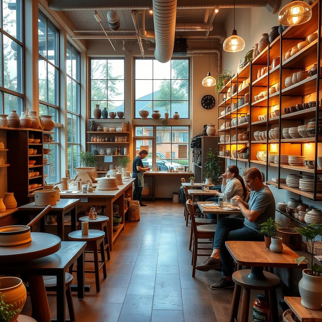 A charming ceramic workshop seamlessly integrated with a cozy café, creating a unique and welcoming space