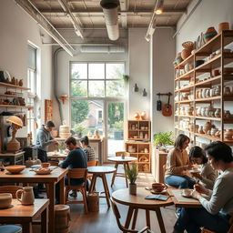 A charming ceramic workshop seamlessly integrated with a cozy café, creating a unique and welcoming space