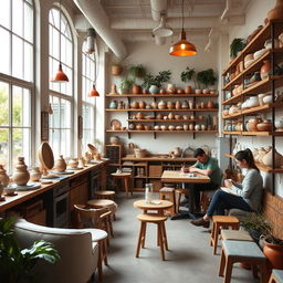 A charming ceramic workshop seamlessly integrated with a cozy café, creating a unique and welcoming space