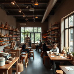 A charming ceramic workshop seamlessly integrated with a cozy café, creating a unique and welcoming space