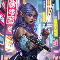 A lavender-haired elven maiden duelist in a mesmerizing cyberpunk environment, exuding grace and readiness