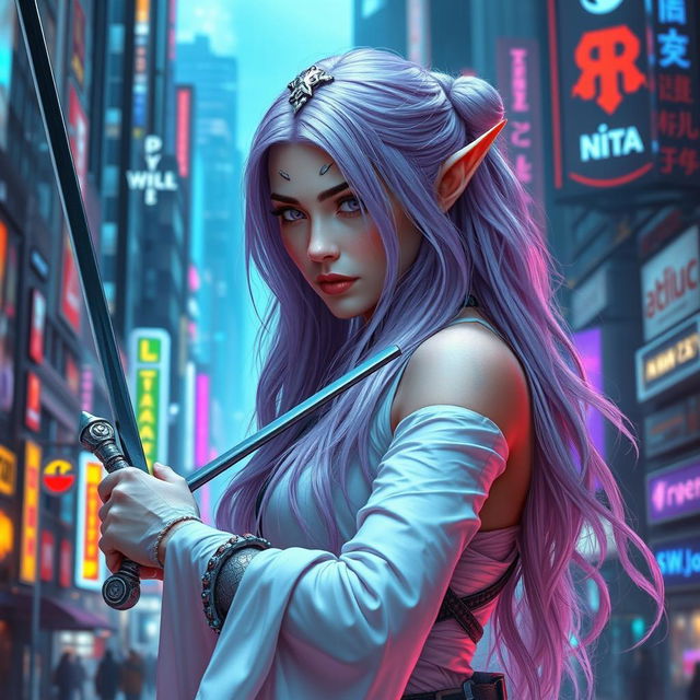 A lavender-haired elven maiden duelist in a mesmerizing cyberpunk environment, exuding grace and readiness