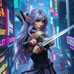 A lavender-haired elven maiden duelist in a mesmerizing cyberpunk environment, exuding grace and readiness