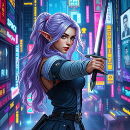 A lavender-haired elven maiden duelist in a mesmerizing cyberpunk environment, exuding grace and readiness