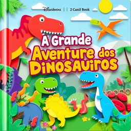 A vibrant and engaging book cover for a children's book titled "A Grande Aventura dos Dinossauros