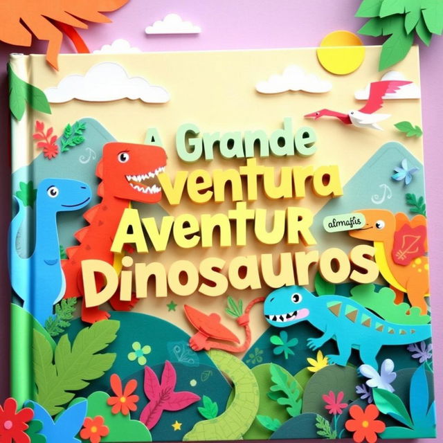 A vibrant and engaging book cover for a children's book titled "A Grande Aventura dos Dinossauros