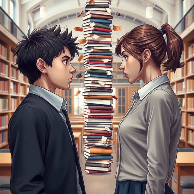 Two academic rivals, a boy and a girl, standing face-to-face with an intense gaze, each exuding determination and competitiveness