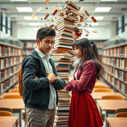 Two academic rivals, a boy and a girl, standing face-to-face with an intense gaze, each exuding determination and competitiveness