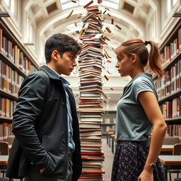 Two academic rivals, a boy and a girl, standing face-to-face with an intense gaze, each exuding determination and competitiveness