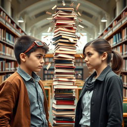 Two academic rivals, a boy and a girl, standing face-to-face with an intense gaze, each exuding determination and competitiveness