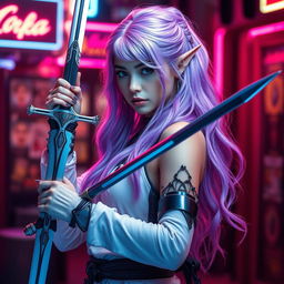 A lavender-haired elven maiden duelist exudes a blend of traditional grace and cutting-edge technology