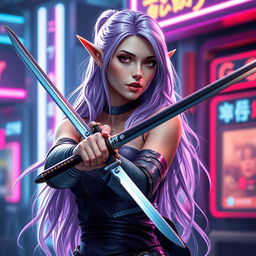 A lavender-haired elven maiden duelist exudes a blend of traditional grace and cutting-edge technology