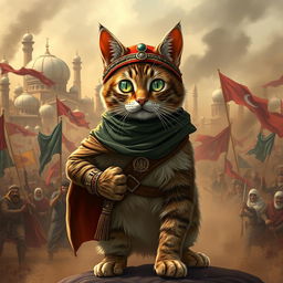 A heroic cat dressed in traditional Muslim warrior attire, standing proudly amidst a lively and tumultuous Muslim revolution scene