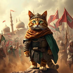 A heroic cat dressed in traditional Muslim warrior attire, standing proudly amidst a lively and tumultuous Muslim revolution scene