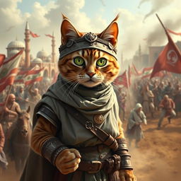 A heroic cat dressed in traditional Muslim warrior attire, standing proudly amidst a lively and tumultuous Muslim revolution scene