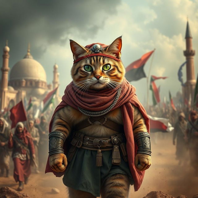 A heroic cat dressed in traditional Muslim warrior attire, standing proudly amidst a lively and tumultuous Muslim revolution scene