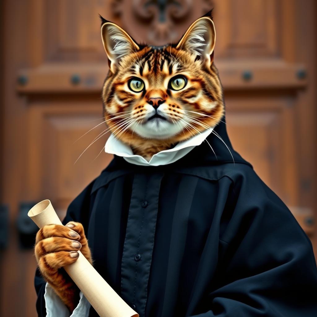 A distinguished cat representing Martin Luther, dressed in traditional 16th-century clerical attire