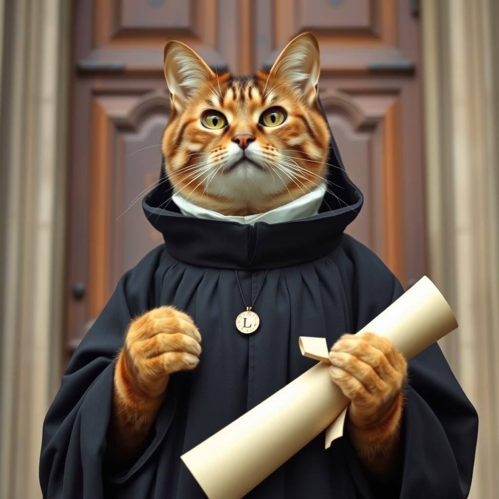 A distinguished cat representing Martin Luther, dressed in traditional 16th-century clerical attire