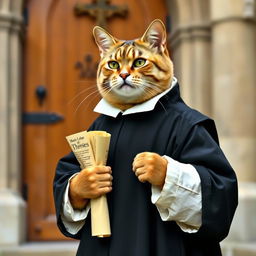 A distinguished cat representing Martin Luther, dressed in traditional 16th-century clerical attire