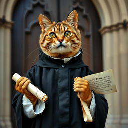 A distinguished cat representing Martin Luther, dressed in traditional 16th-century clerical attire