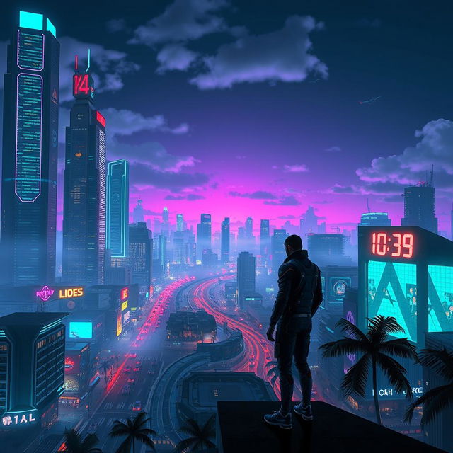 A futuristic cityscape at night, showcasing towering skyscrapers with neon lights, bustling streets with flying cars, and holographic advertisements