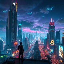 A futuristic cityscape at night, showcasing towering skyscrapers with neon lights, bustling streets with flying cars, and holographic advertisements