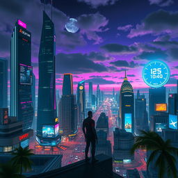 A futuristic cityscape at night, showcasing towering skyscrapers with neon lights, bustling streets with flying cars, and holographic advertisements