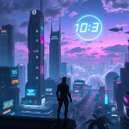 A futuristic cityscape at night, showcasing towering skyscrapers with neon lights, bustling streets with flying cars, and holographic advertisements