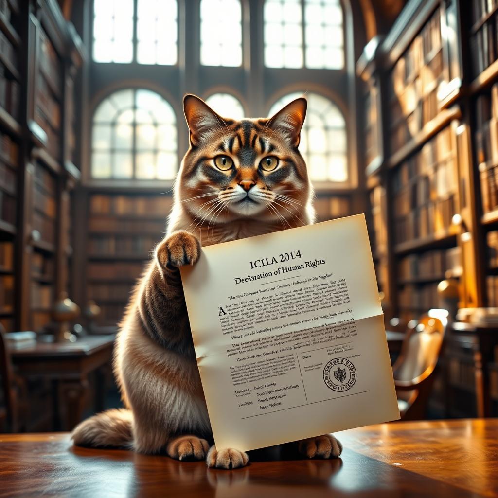 A noble cat holding the Universal Declaration of Human Rights in its paw, sitting elegantly on a mahogany table