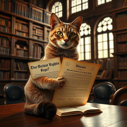 A noble cat holding the Universal Declaration of Human Rights in its paw, sitting elegantly on a mahogany table