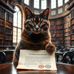 A noble cat holding the Universal Declaration of Human Rights in its paw, sitting elegantly on a mahogany table