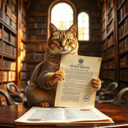 A noble cat holding the Universal Declaration of Human Rights in its paw, sitting elegantly on a mahogany table