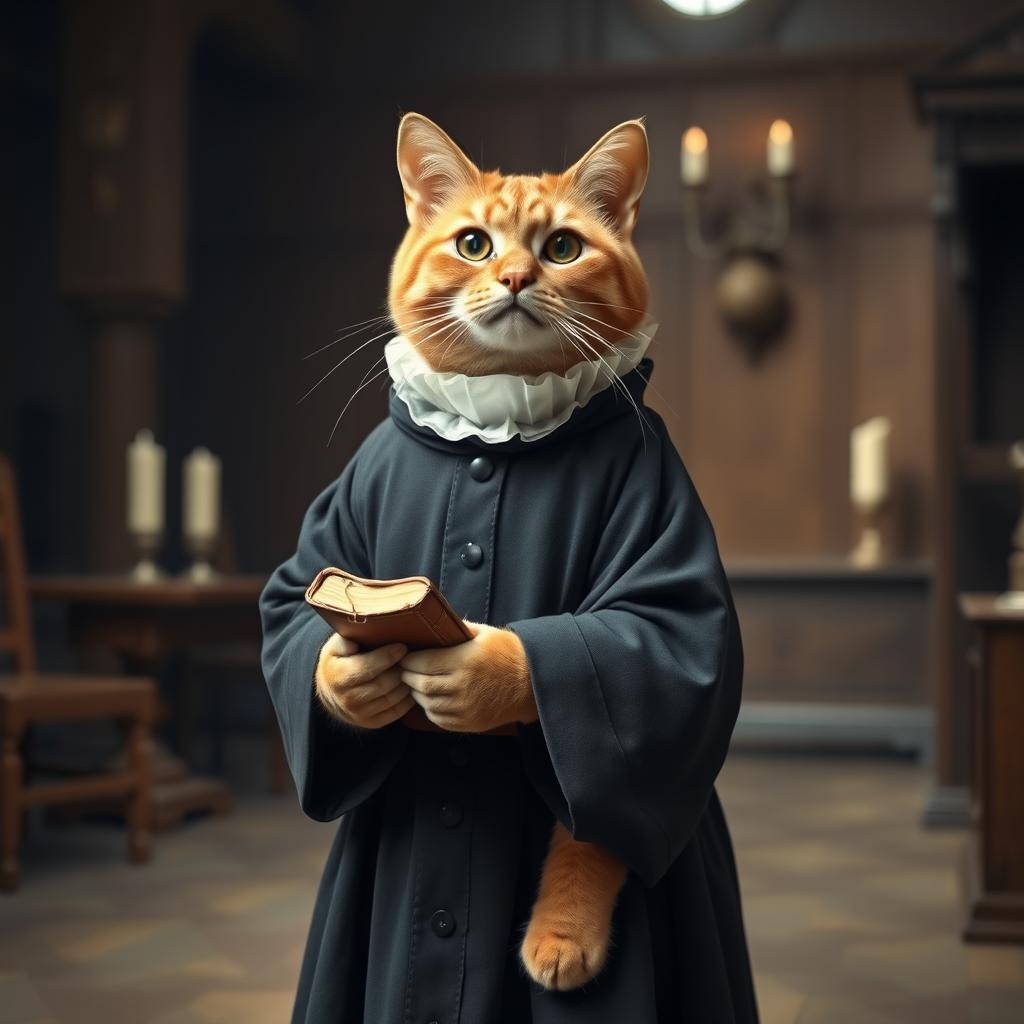 A dignified cat dressed as a 16th-century Protestant figure, wearing modest, plain attire typical of the Reformation period