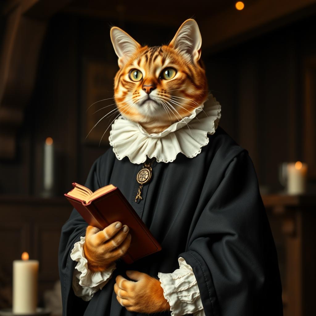 A dignified cat dressed as a 16th-century Protestant figure, wearing modest, plain attire typical of the Reformation period