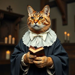 A dignified cat dressed as a 16th-century Protestant figure, wearing modest, plain attire typical of the Reformation period