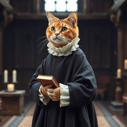 A dignified cat dressed as a 16th-century Protestant figure, wearing modest, plain attire typical of the Reformation period