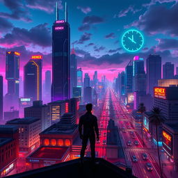 A futuristic cityscape at night, showcasing towering skyscrapers with neon lights, bustling streets with flying cars, and holographic advertisements